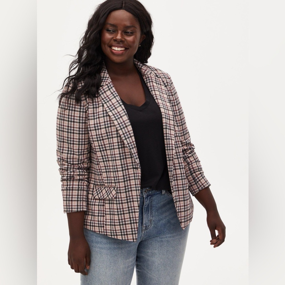 Torrid Studio Double Knit Blazer - Tan Plaid